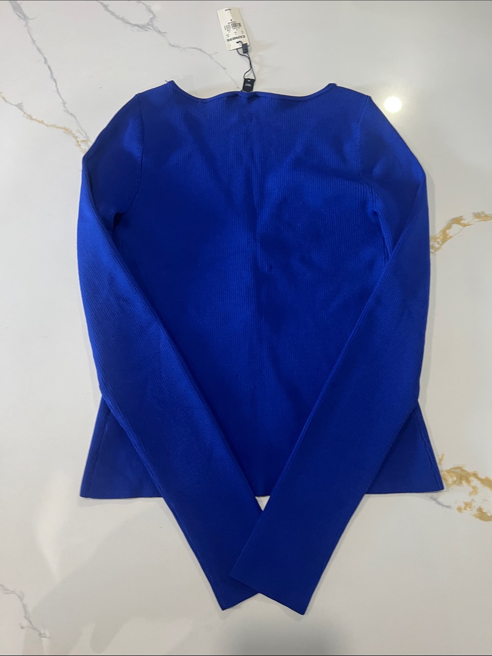 Express Royal Blue Ribbed V-Neck Button Cardigan - Picture 3 of 3